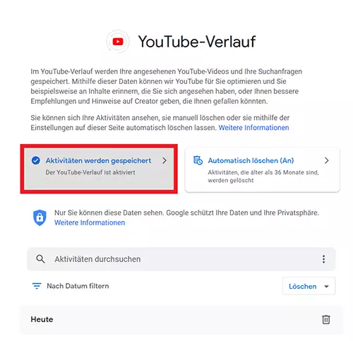 Bild: YouTube: Schaltfläche „Aktivitäten werden gespeichert“