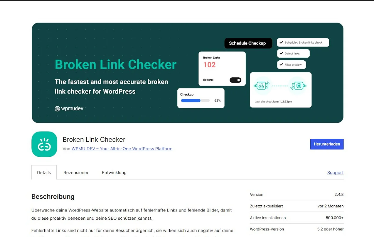 wordpress.org: Plugin-Übersichtsseite zu „Broken Link Checker“ Bild: wordpress.org: Plugin-Übersichtsseite zu „Broken Link Checker“