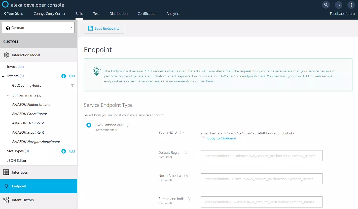 Bild: Alexa-Developer-Konsole: Auswahl des Web-Service-Endpunkts
