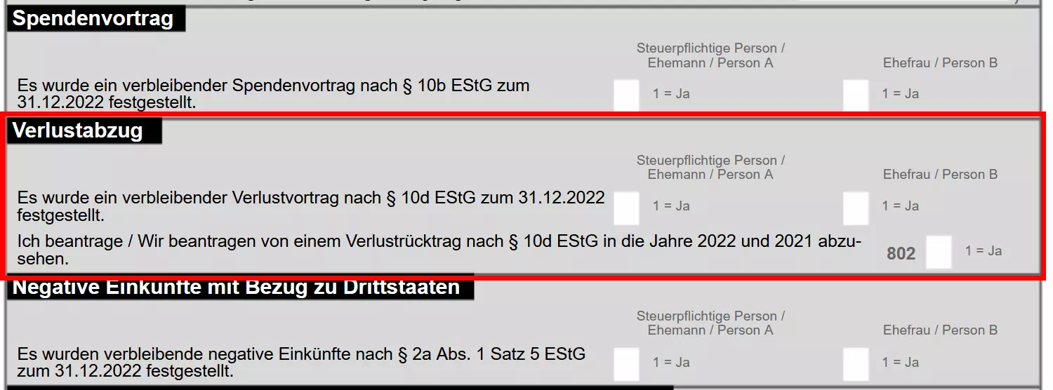 Kategorie „Verlustabzug“ in der Anlage „Sonstiges“ Bild: Kategorie „Verlustabzug“ in der Anlage „Sonstiges“