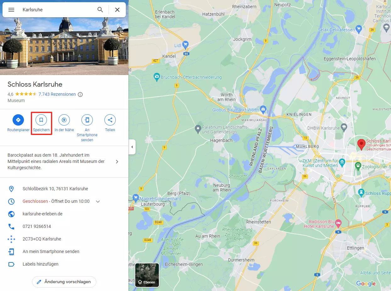 Bild: Screenshot der Detailansicht eines Orts bei Google Maps