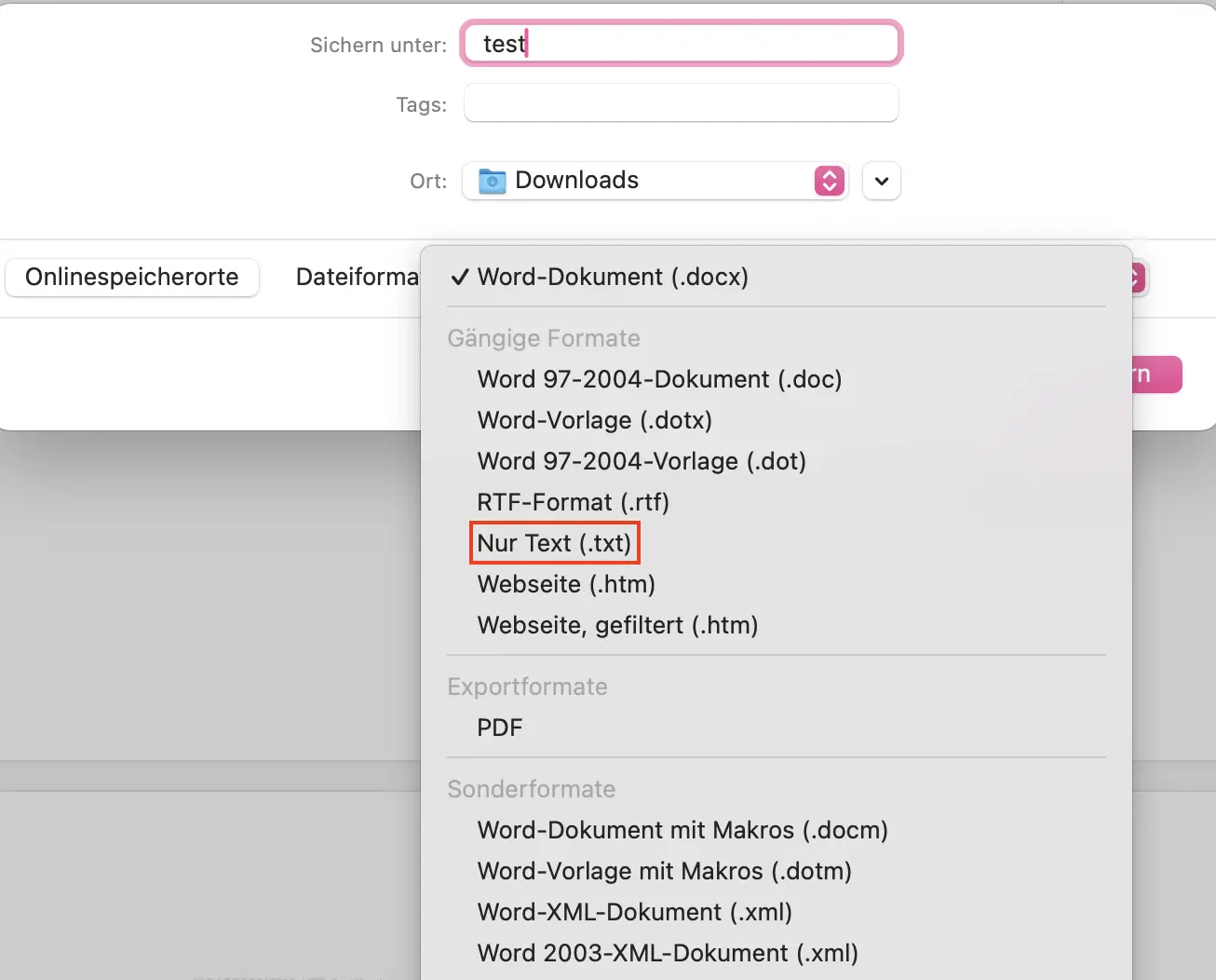 Bild: Screenshot: Dokument sichern bei Word