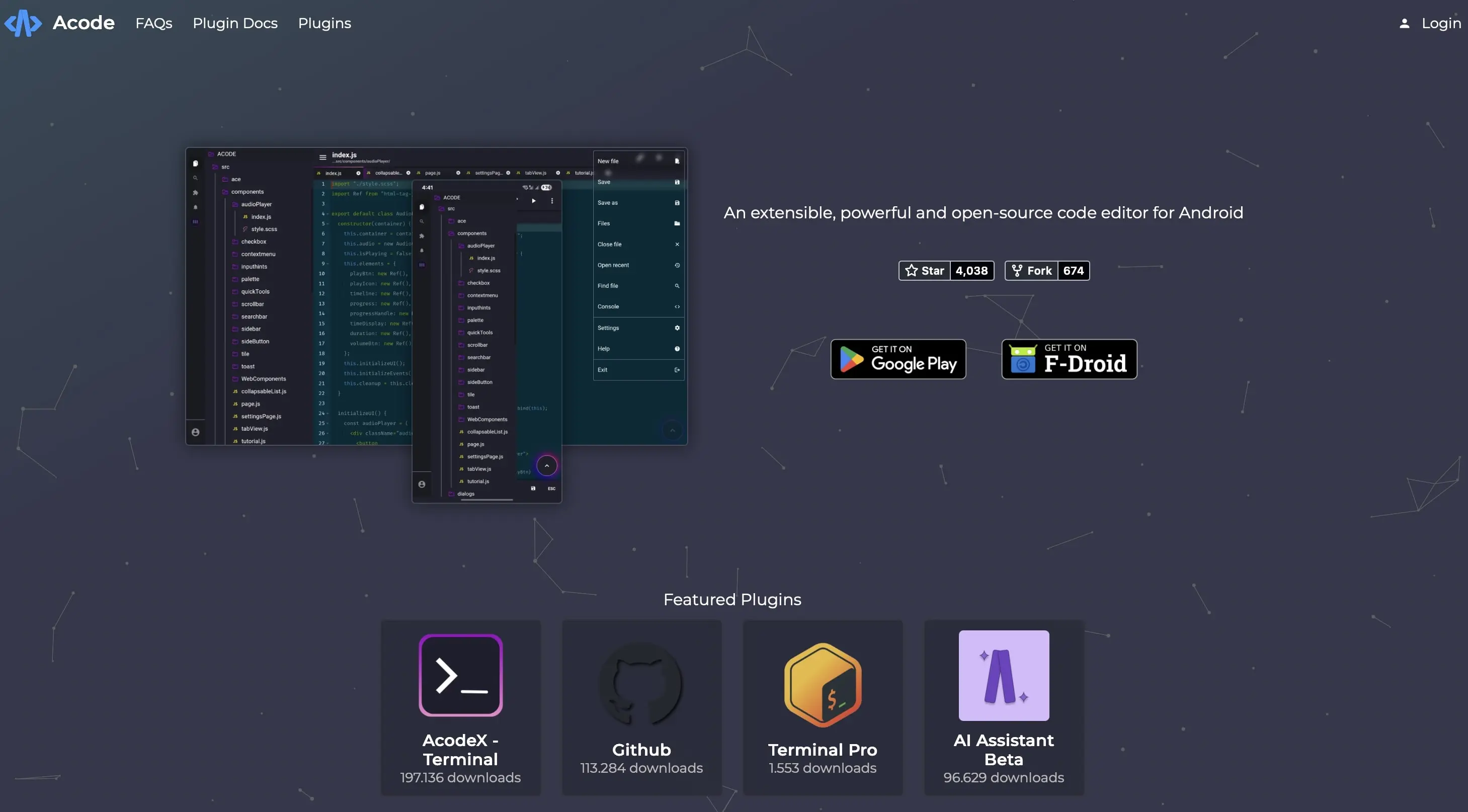 Screenshot der Acode Homepage Bild: Screenshot der Acode Homepage