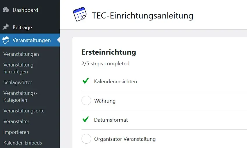 The Events Calendar: Einrichtungsassistent Bild: The Events Calendar: Einrichtungsassistent