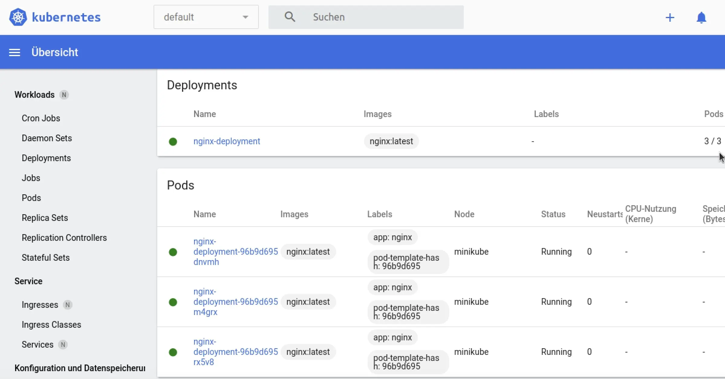 Kubernetes-Dashboard mit einem Deployment und drei Pods Bild: Kubernetes-Dashboard mit einem Deployment und drei Pods