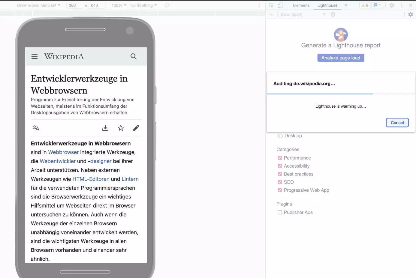 Bild: Mobiltest mit Lighthouse in den Chrome DevTools
