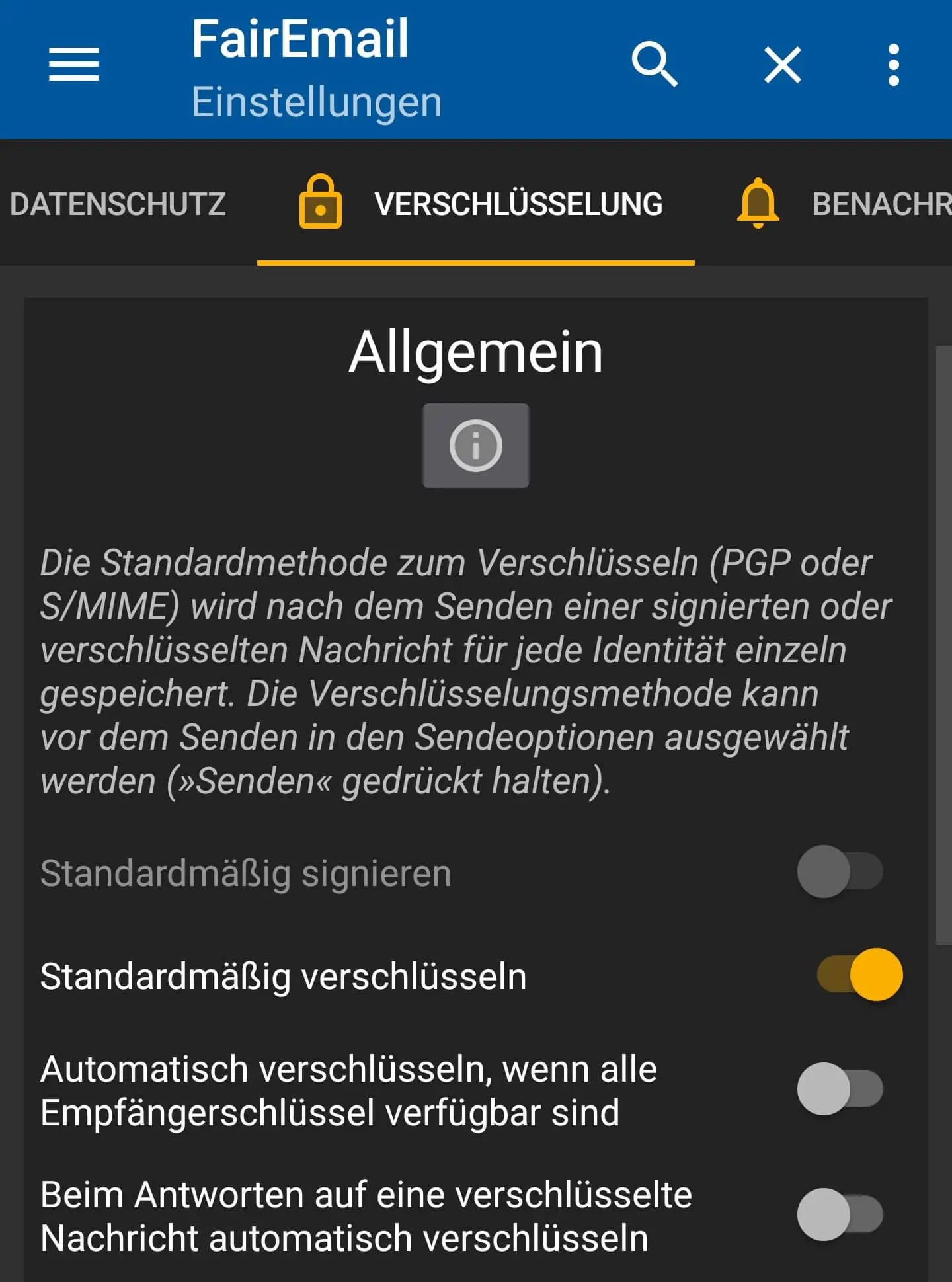 FairEmail: Verschlüsselungseinstellungen Bild: FairEmail: Verschlüsselungseinstellungen