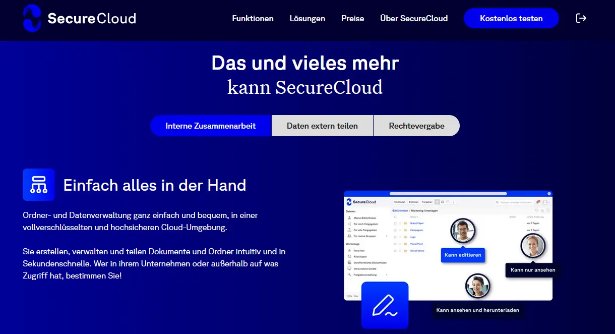 Bild: Die Homepage des Cloud-Dienstes SecureCloud