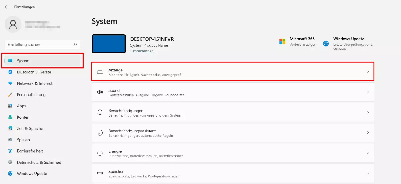 „Anzeige“-Menü in den Windows-11-Einstellungen
