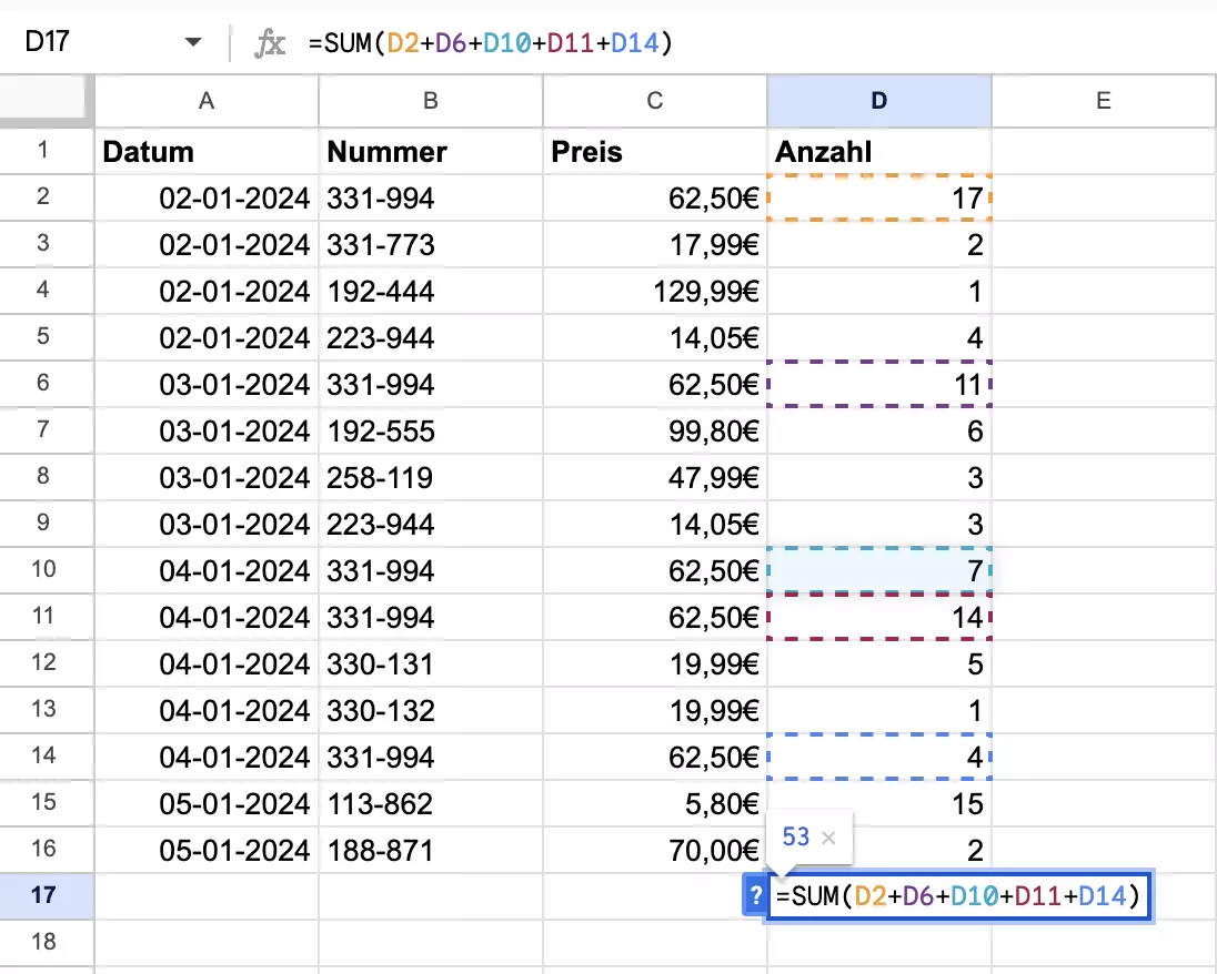 Screenshot einer Formel mit integrierter Funktion in Google Sheets Screenshot einer Formel mit integrierter Funktion in Google Sheets