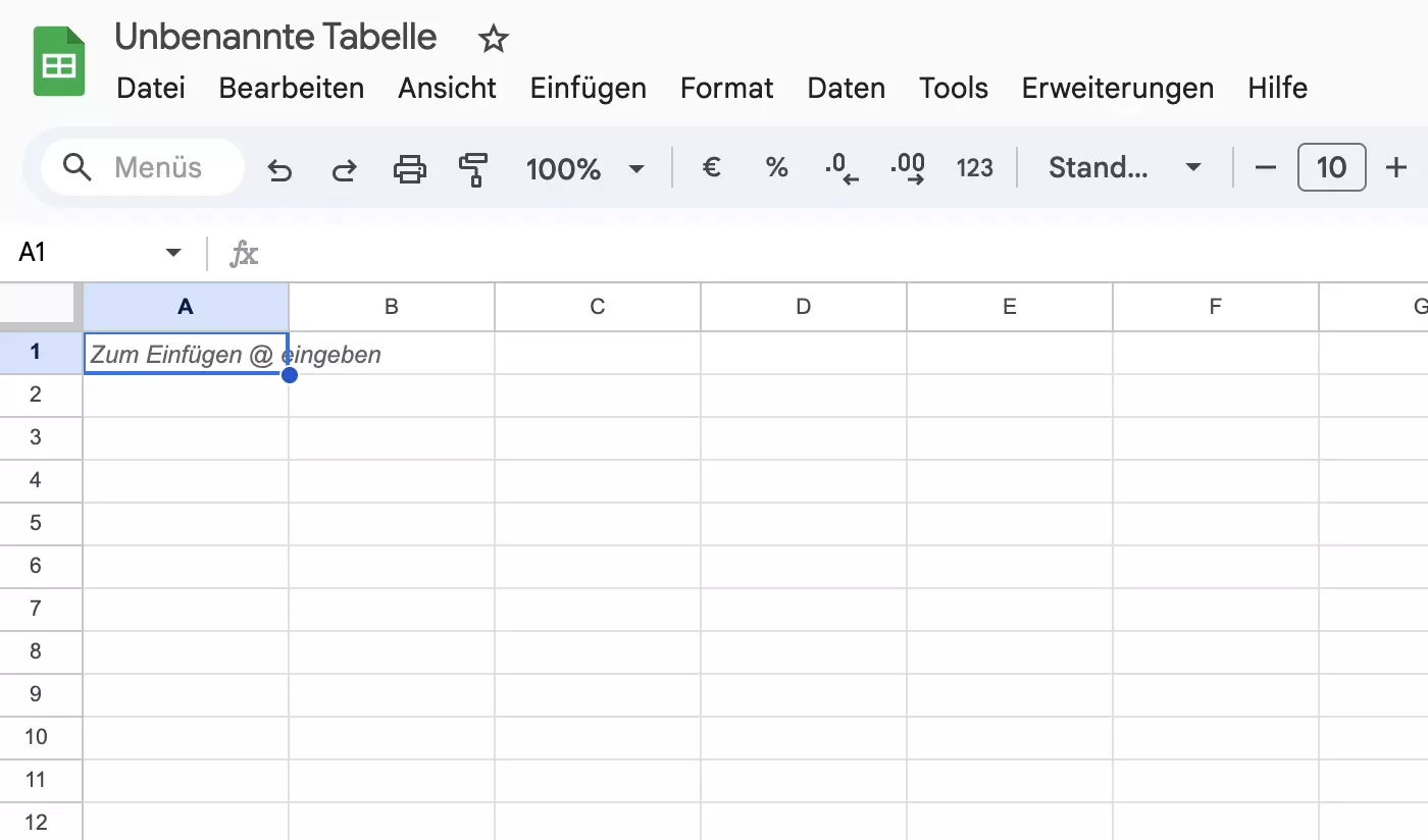 Screenshot einer leeren Google Tabelle Screenshot einer leeren Google Tabelle