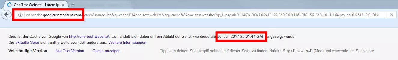 Bild: Informationsleiste bei einer Website, die aus dem Google-Cache geladen wurde