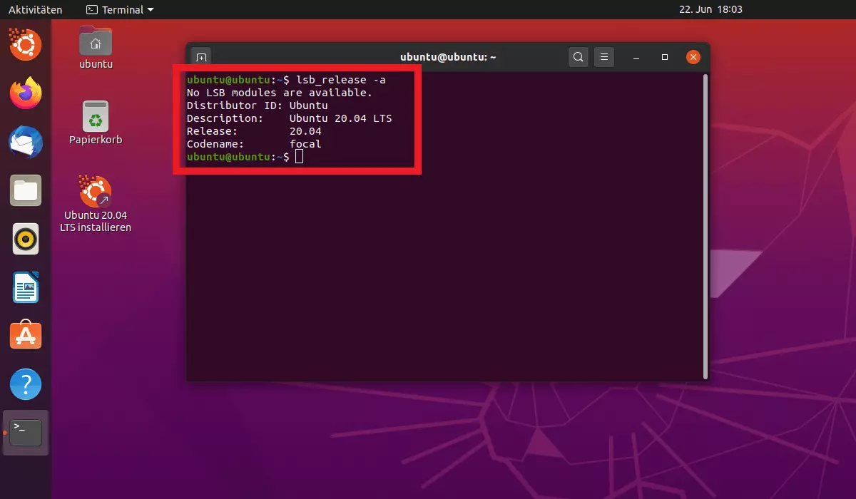 Bild: Kommandobefehl lsb_release -a im Terminal