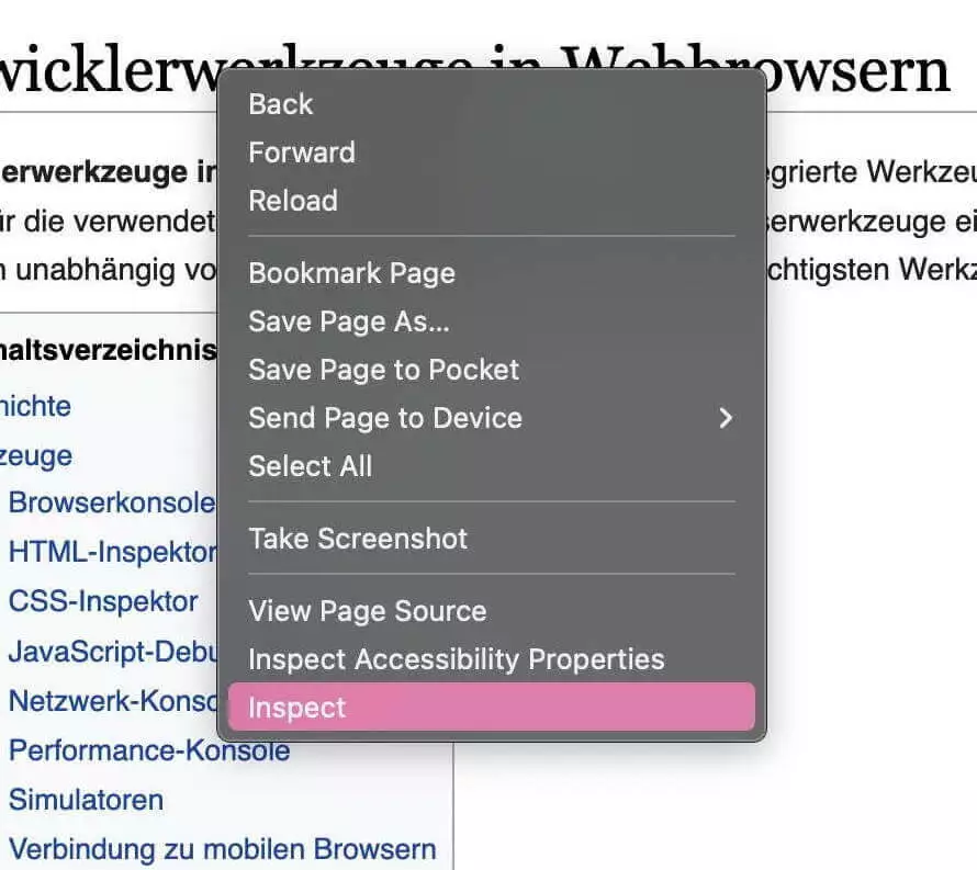 Bild: Kontext-Menü mit Eintrag „Inspect element“ in Firefox