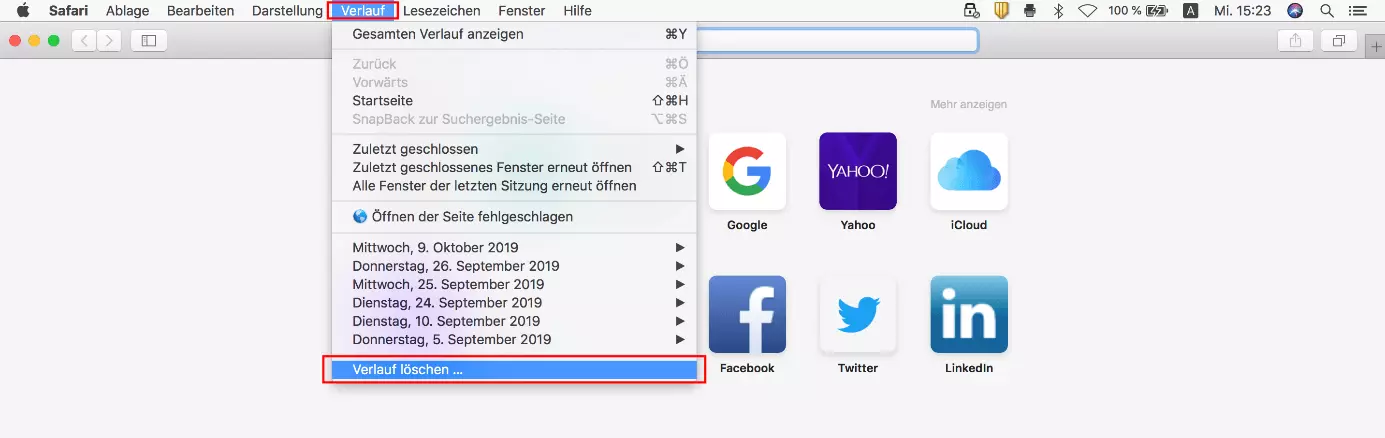 Safari-Menü „Verlauf“ in der Desktop-Version