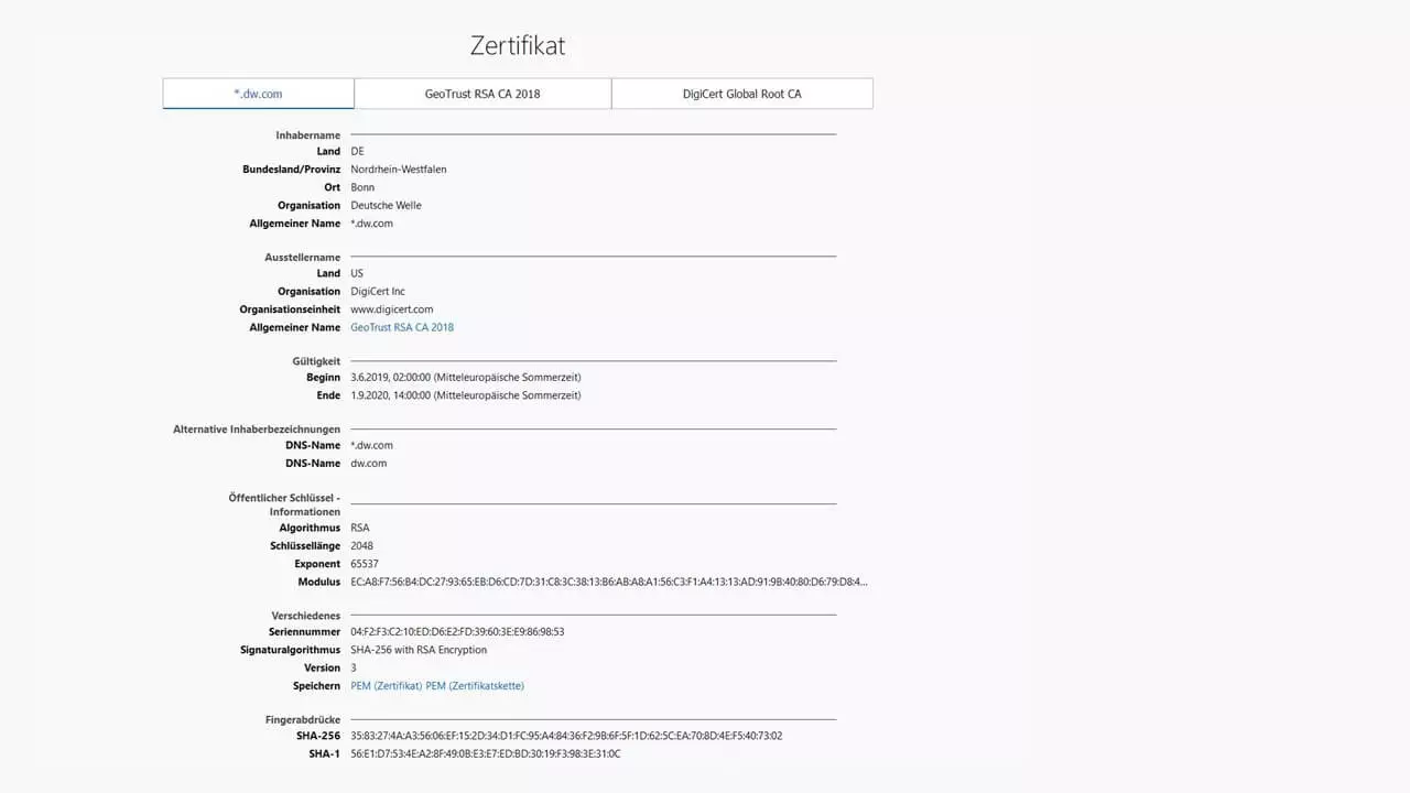 Serverzertifikat mit Hashwerten (Fingerabdrücken)