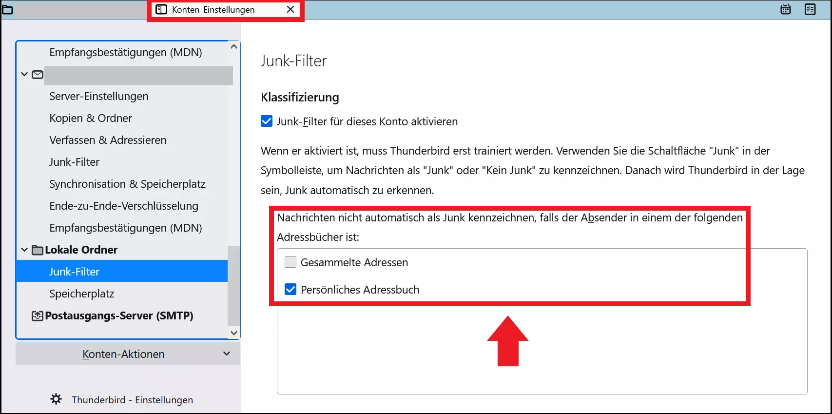 Thunderbird „Konten-Einstellungen“ mit Adressenfestlegung für Junkfilter