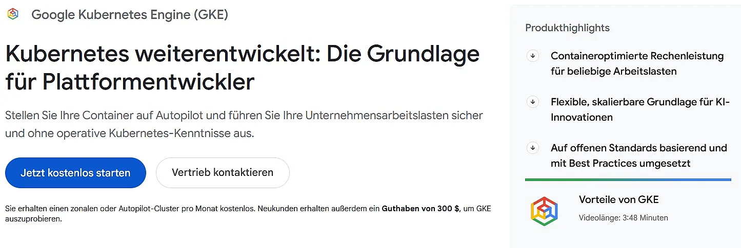 Bild: Produkt-Website der Google Kubernetes Engine