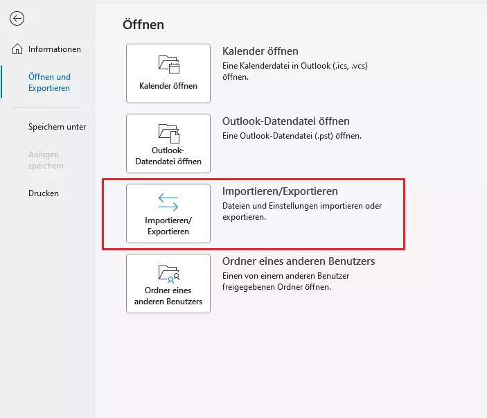 Outlook-Menü „Öffnen“ unter „Datei“ > „Öffnen und Exportieren“ Outlook-Menü „Öffnen“ unter „Datei“ > „Öffnen und Exportieren“