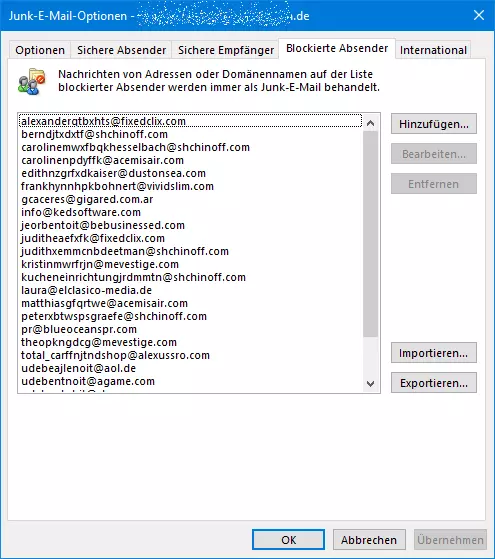 Liste blockierter Absender in Outlook