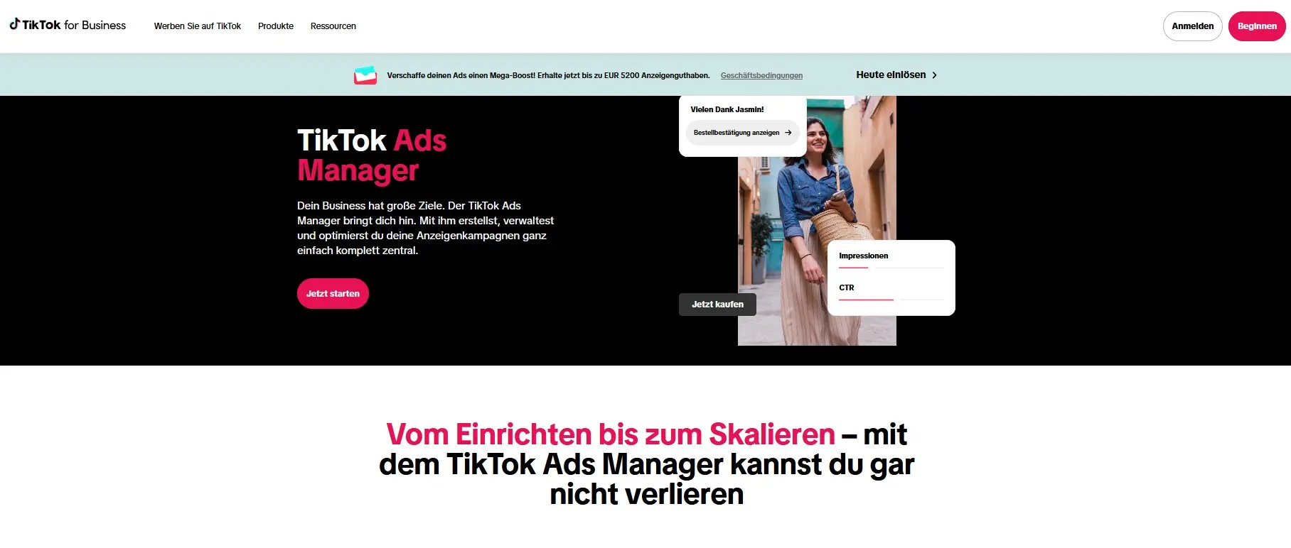 Bild: Startseite von TikTok Ads mit Einstiegsbereich zur Erstellung und Verwaltung von Werbekampagnen