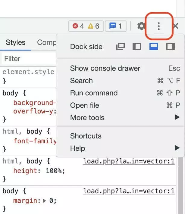 Bild: Menü der Chrome-Entwicklertools mit Auswahl der DevTools-Position