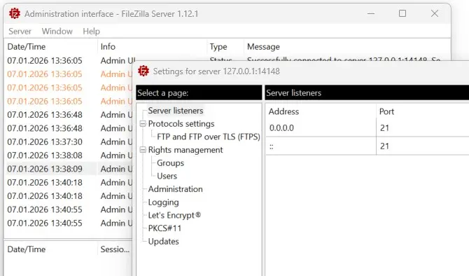 Bild: Men&uuml; des FileZilla-Servers