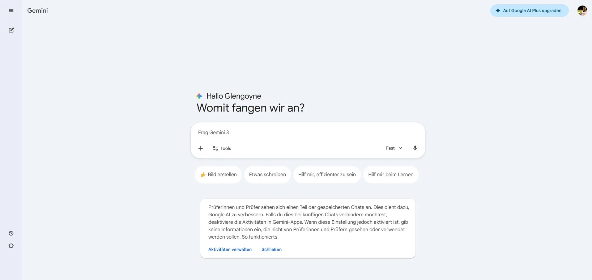 Screenshot der Google Gemini Benutzeroberfläche Bild: Screenshot der Google Gemini Benutzeroberfläche