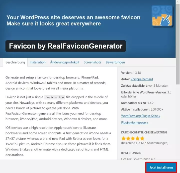 Bild: Installationsmenü für das WordPress-Plug-in “Favicon by RealFaviconGenerator”