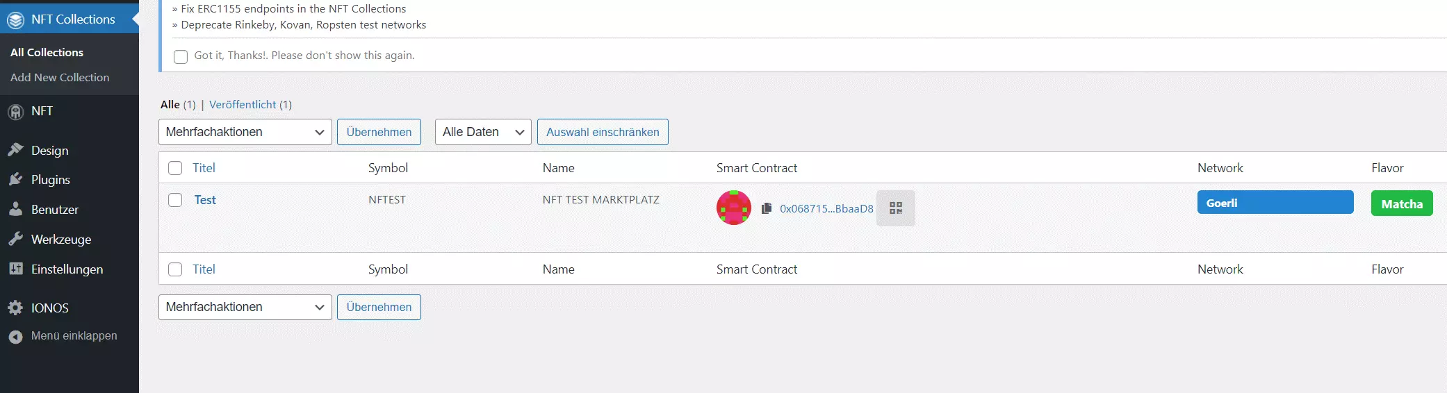 Bild: WordPress-Backend: Erstellte NFT-Sammlung