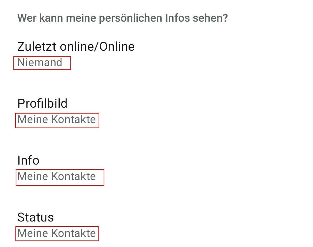 Android-Screenshot des Datenschutzbereichs in WhatsApp Bild: Android-Screenshot des Datenschutzbereichs in WhatsApp