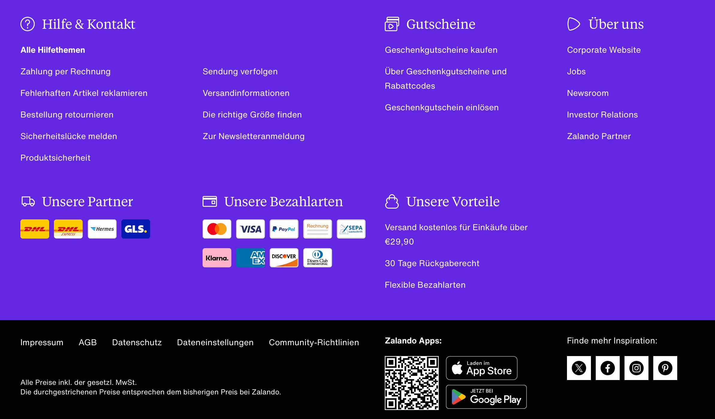 Bild: Screenshot des Footers von Zalando
