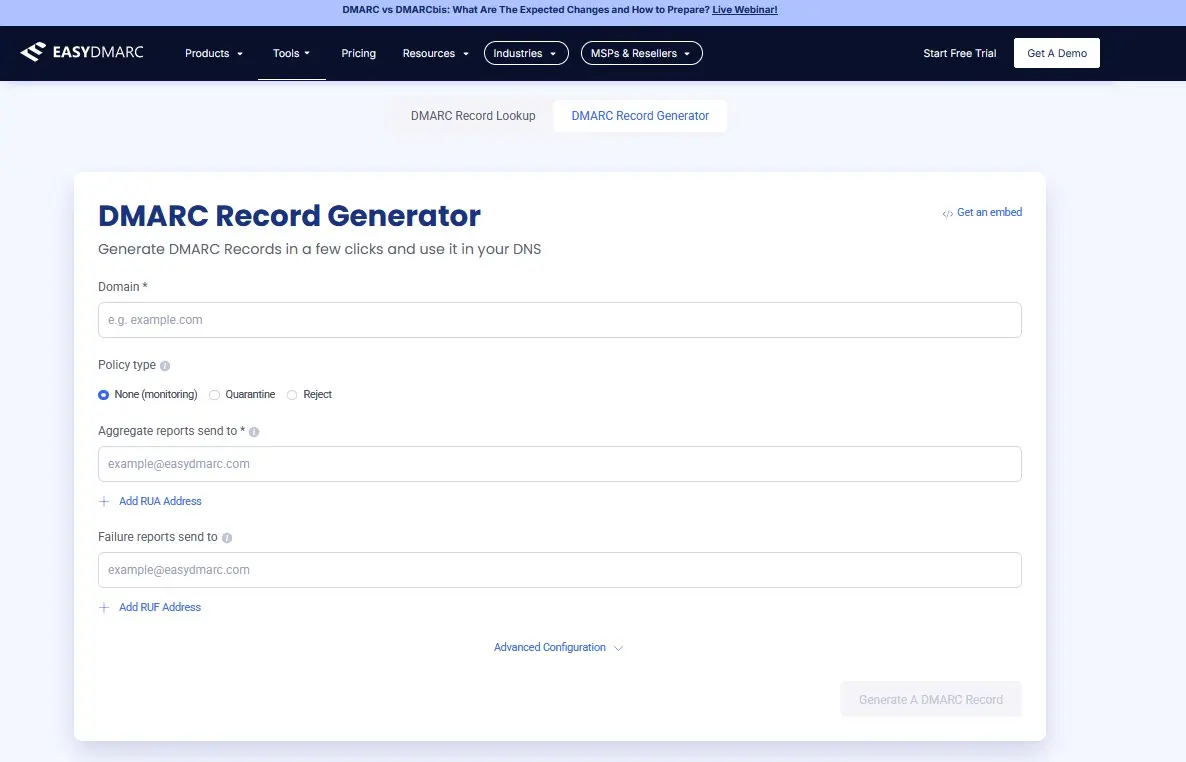 Bild: Screenshot des Tools DMARC Record Generator von easydmarc