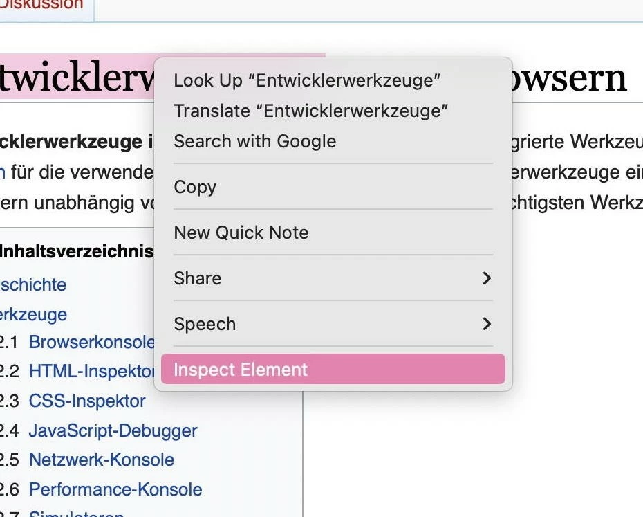 Bild: Kontextmenü mit Eintrag „Inspect element“ in Safari