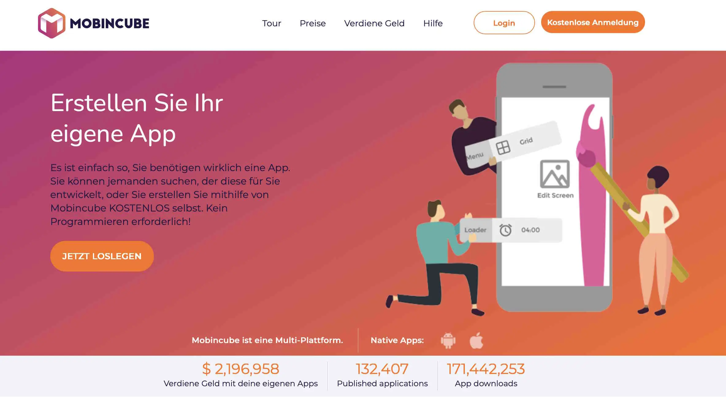 Homepage des App-Makers Mobincube Bild: Homepage des App-Makers Mobincube