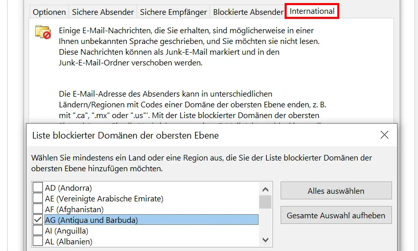 Bild: Domains blockieren in Outlook