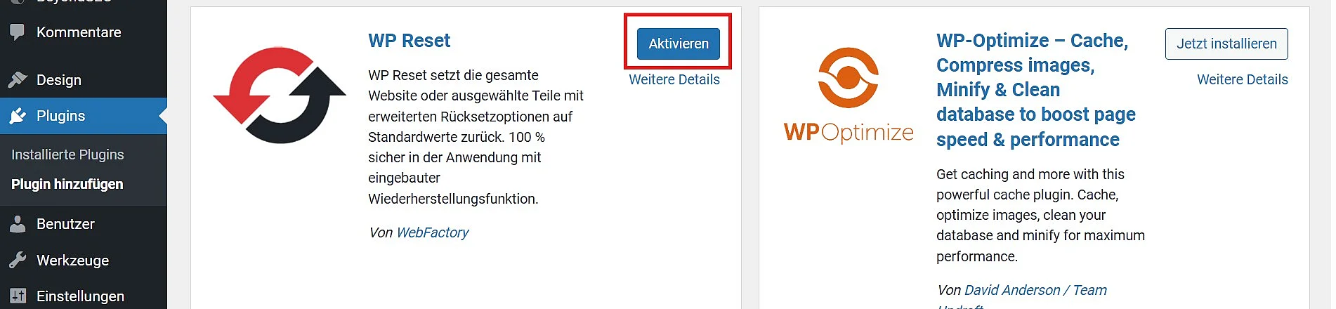 Screenshot der „Plugins“-Aktivierungsoption Bild: Screenshot der „Plugins“-Aktivierungsoption