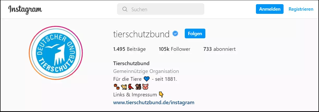 Beispiel für eine Instagram-Bio: Tierschutzbund