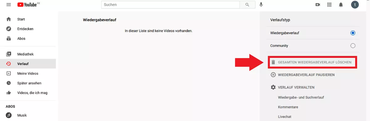 Bild: YouTube: Option „Gesamten Wiedergabeverlauf löschen“
