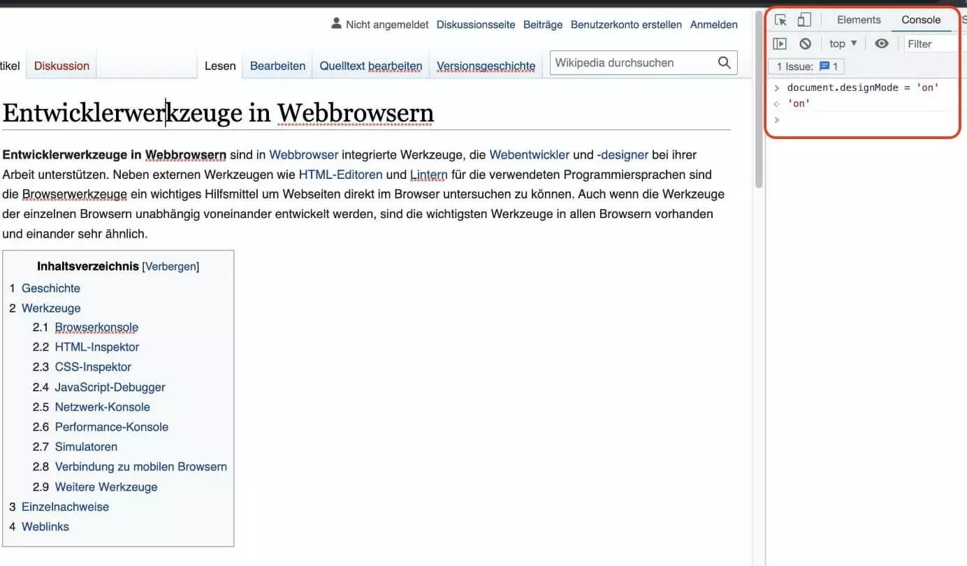 Bild: Aktivieren des Design-Mode per JavaScript