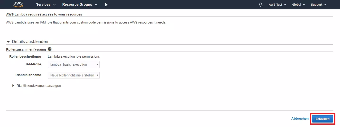 Bild: AWS-Management-Konsole: Konfigurationsmaske für die Ausführungsrolle der Lambda-Funktion