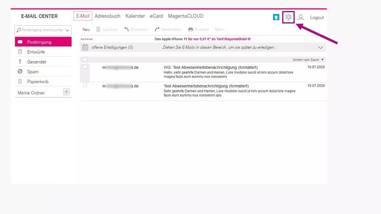 Bild: Abwesenheitsnotiz ohne Mozilla Thunderbird: Das E-Mail-Center der Telekom