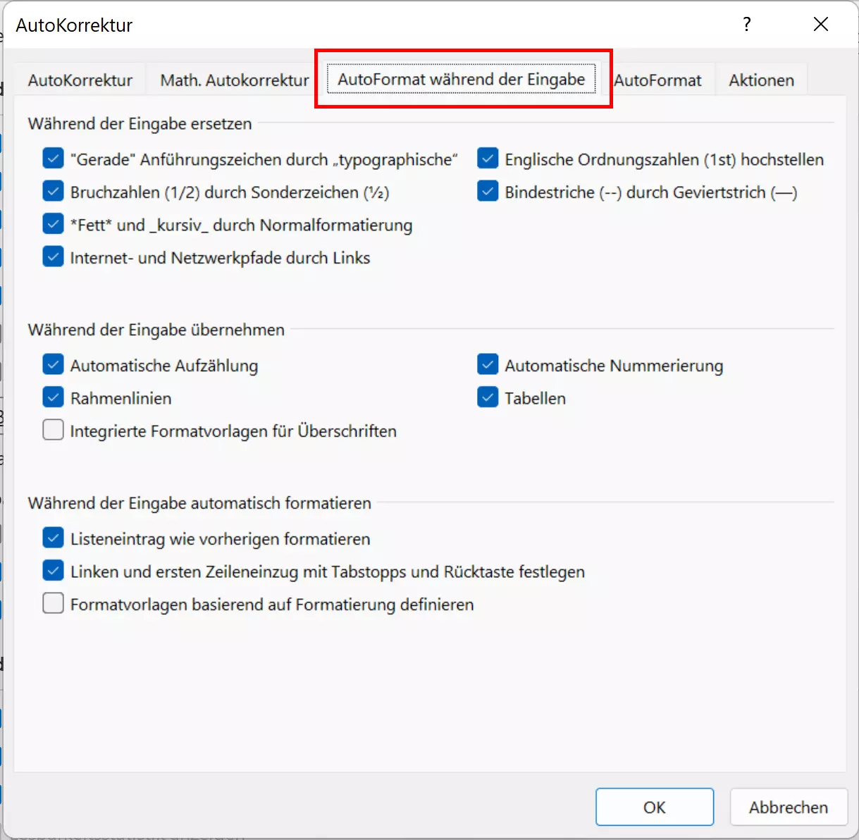 Outlook-Reiter „AutoFormat während der Eingabe“ und „AutoFormat“ Outlook-Reiter „AutoFormat während der Eingabe“ und „AutoFormat“