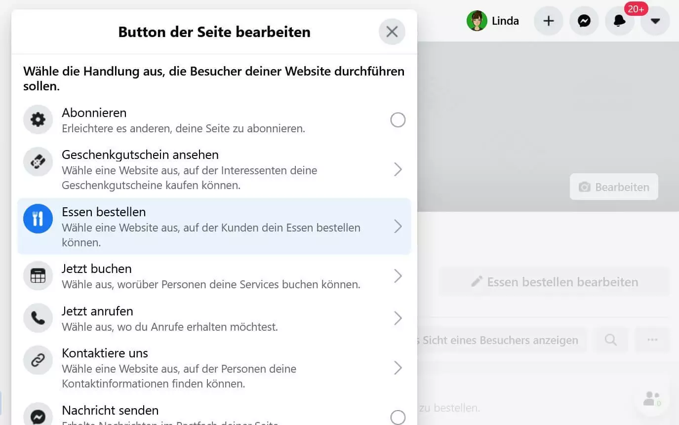 Bild: Bearbeitung des Bestellbuttons in Facebook