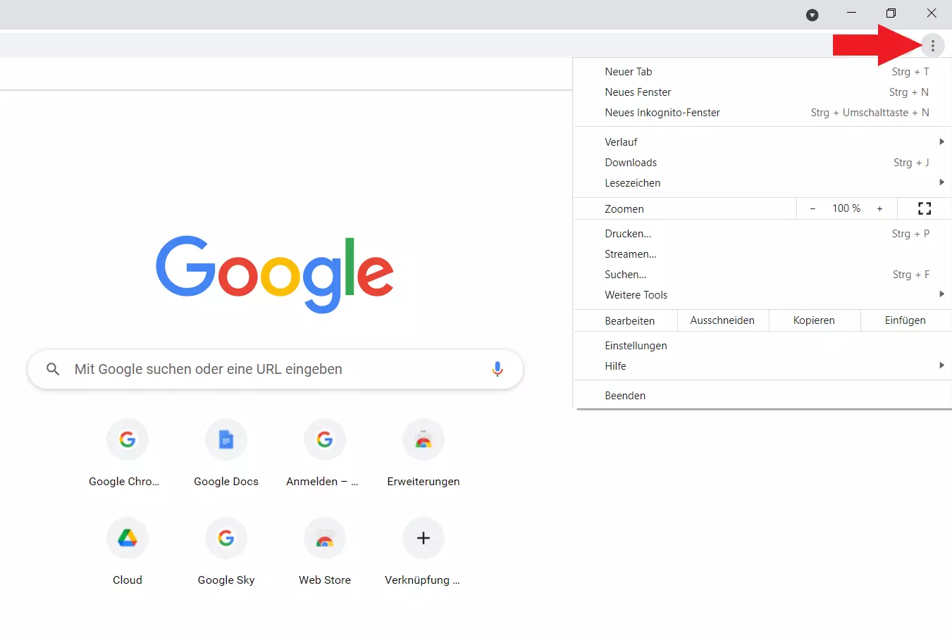 Chrome-Menü „Google Chrome anpassen und verwalten“ 