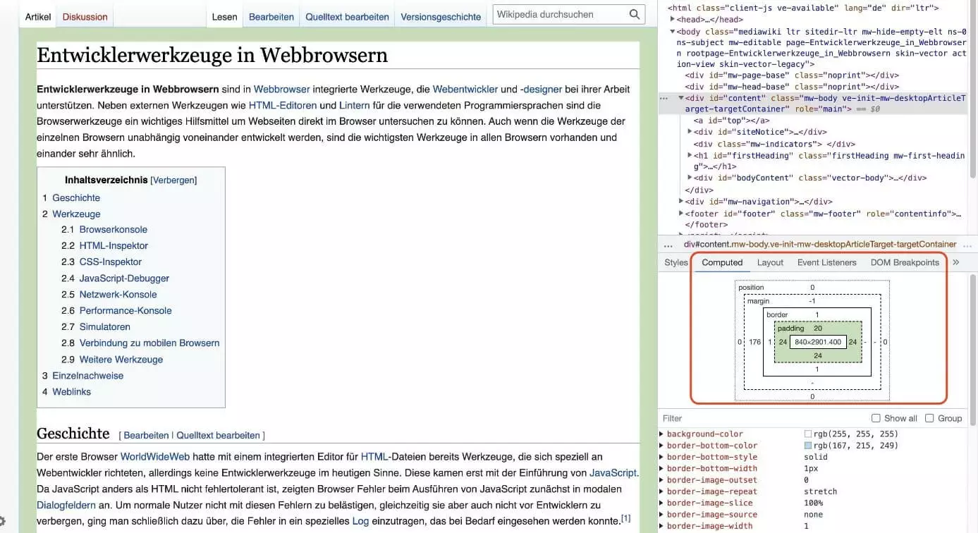 Bild: Berechnete CSS-Eigenschaften des untersuchten Elements