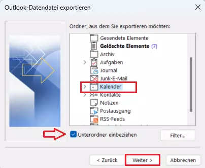Import/Export-Assistent von Outlook: Auswahl der zu exportierenden Daten Import/Export-Assistent von Outlook: Auswahl der zu exportierenden Daten