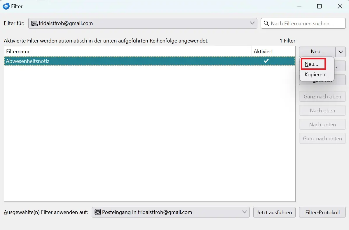 Bild: Thunderbird-Abwesenheitsnotiz einrichten: Einen neuen Filter konfigurieren
