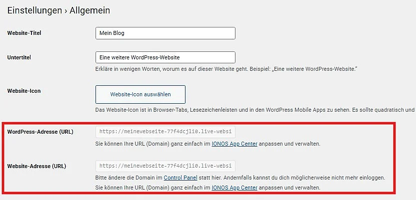 Ausgegraute Felder für die WordPress-URL-Änderung im Dashboard Bild: Ausgegraute Felder für die WordPress-URL-Änderung im Dashboard