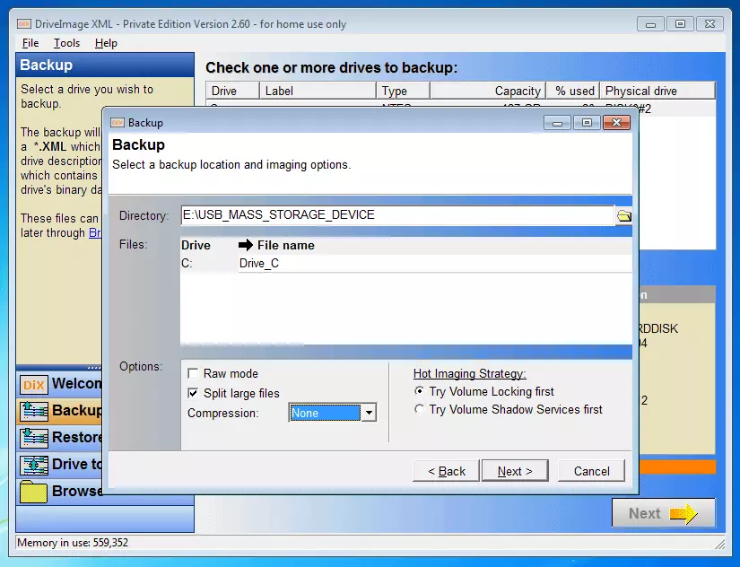 Bild: DriveImage XML 2.60: Menü zur Auswahl der Imaging-Optionen